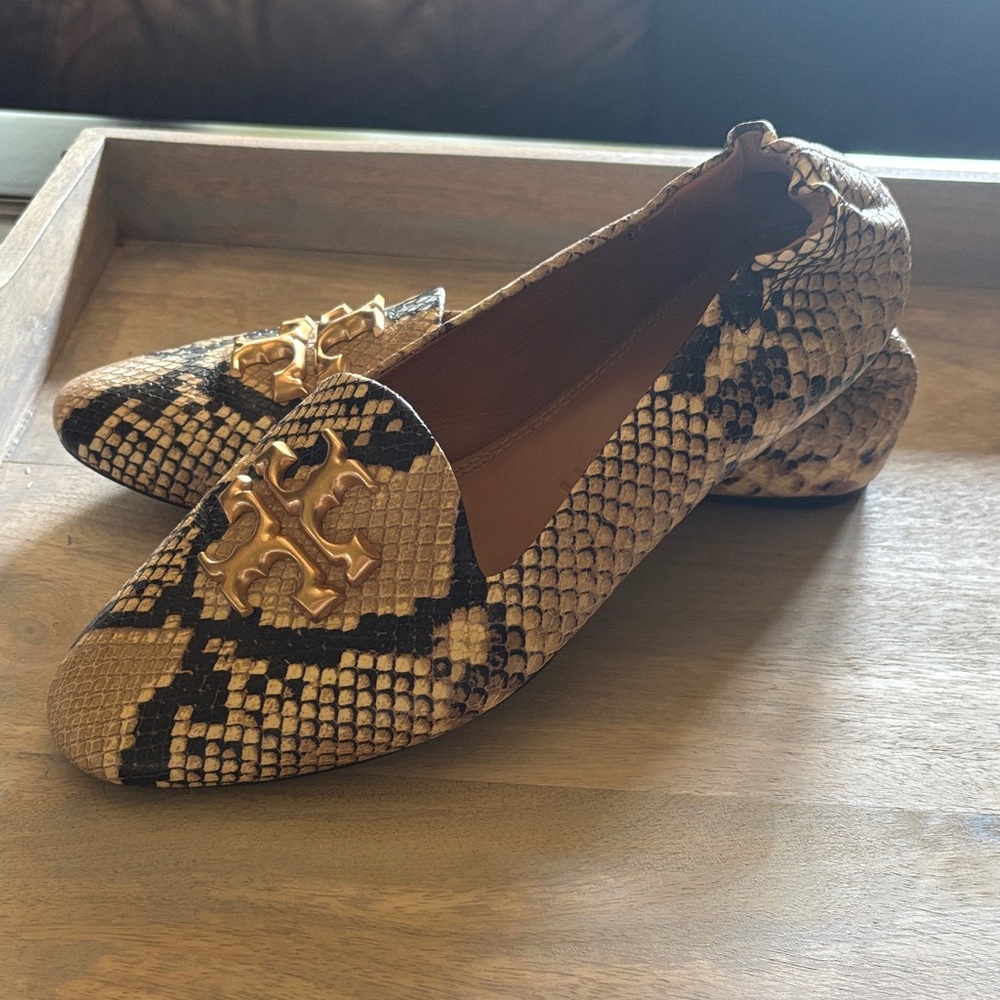 Tory Burch Gold Emblem Snake Print Loafers